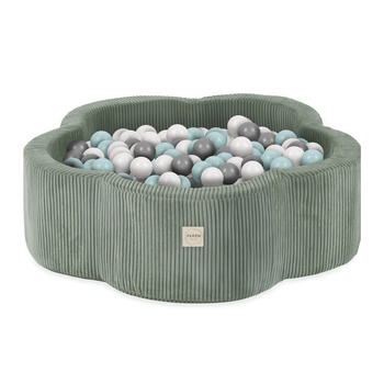 Plush Nest Dry flower pool, 95x30, green, premium corduroy, Floral Fun Zone, 200 balls: pearl, pearl mint, silver