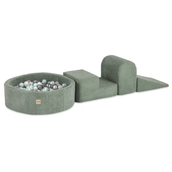 PLUSH NEST Playground 3 elements + dry pool 90x30 (+200 balls:pearl, mint pearl, silver), green, premium corduroy