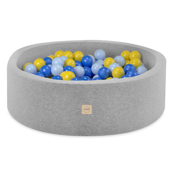 PLUSH NEST Ballpool, hellgrau, rund, Baumwolle, smart, 90x30, 200 Bälle: blau, gelb, hellblau