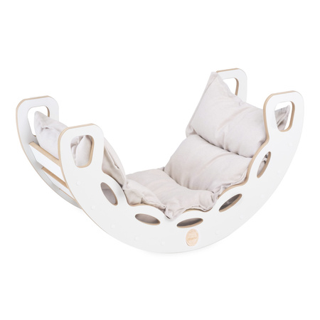 PLUSH NEST Bujak Small Rocker 4 w 1 + ścianka wspinaczkowa/zjeżdżalnia + poduszka Jasny Beżowy, biały Wooden Play