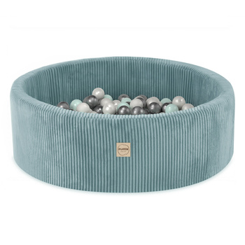 PLUSH NEST Bällebad, blau, rund, Premium-Cord, 90x30, 200 Bälle: pearl, pearl mint, silber