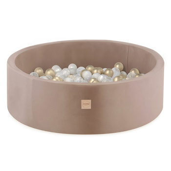 PLUSH NEST Dry pool beige 90x30 with balls, velvet, round 200 balls: pearl, transparent, gold