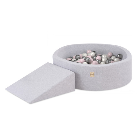 PLUSH NEST Plac zabaw Suchy basen 90x30 + trójkąt (+200 piłek:perłowy, srebrny, jasnoróżowy), jasnoszary, smart