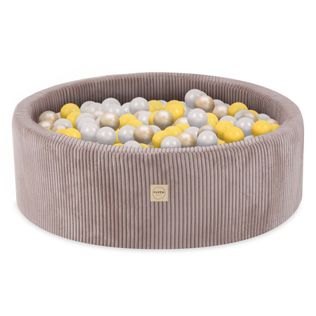 PLUSH NEST Bällebad, beige, rund, Kord, 90x30, 200 Bälle: Perle, gelb, gold