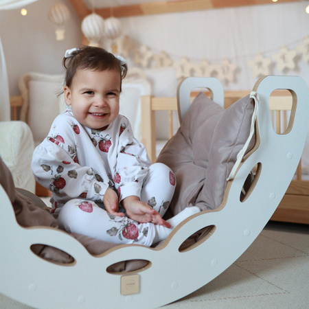 PLUSH NEST Small Rocker 4-in-1 rocker + climbing wall/slide + cushion (Dark Gray Velvet), white Wooden Play