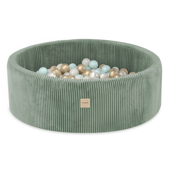 PLUSH NEST Basen z piłkami, zielony, okrągły, sztruks, 90x30, 200 piłek: perłowy, perłowy miętowy, złoty