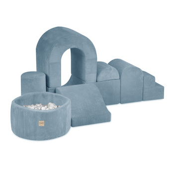 PLUSH NEST Playground Castle with pool+150 balls (pearl, silver), premium blue corduroy