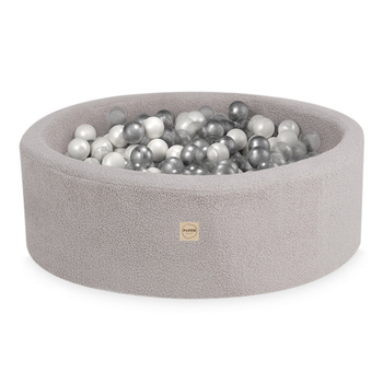 PLUSH NEST Dry pool, round, 90x30 cm, gray lamb (+ 200 balls silver, pearl, transparent)