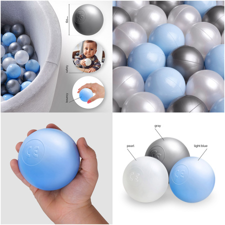 Dry pool balls, 6 cm, set of 200 pcs: pearl, silver, pearl light blue