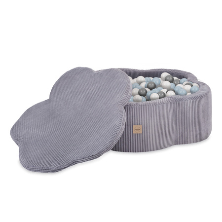 PLUSH NEST Trockenblumenpool mit Matte, 95x30, grau, Premium Cord, Floral Fun Zone, 200 Kugeln: perl, silber, hellblau