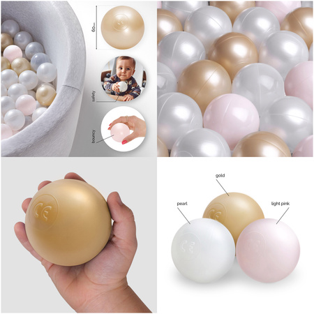 Dry pool balls, 6 cm, set of 200 pcs: pearl, gold, pearl light pink