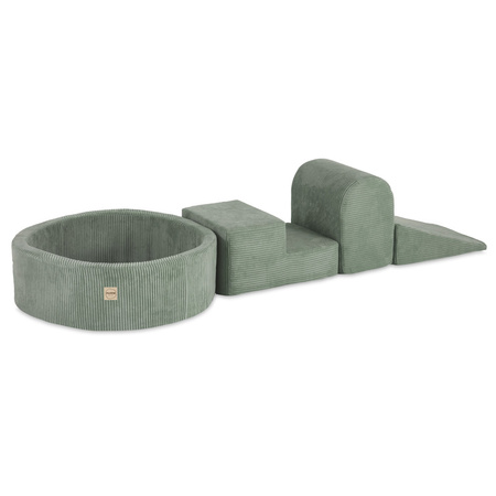 PLUSH NEST Playground 3 elements + dry pool 90x30 (+200 balls:pearl, mint pearl, silver), green, premium corduroy