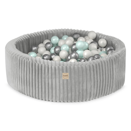 PLUSH NEST Trockenes Bällebad, 90x30 cm, rund, Grau, Puffy Lamell, 200 Bälle: pearl, silver, mint pearl