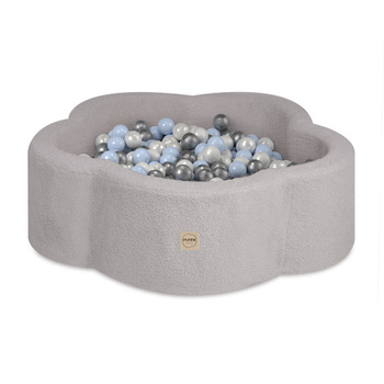 PLUSH NEST Trockenes Blumenbecken, 95x30 cm, graues Lammfell (+ 200 Kugeln silber, perlmutt, hellblau), Floral Fun Zone