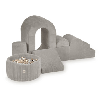 PLUSH NEST Spielplatz Schloss mit Pool+150 Bälle (Perle, Gold), hochwertiger beiger Kord