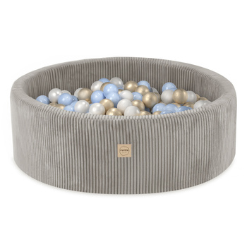 PLUSH NEST Basen z piłkami, beżowy, okrągły, sztruks premium, 90x30, 200 piłek: perłowy, niebieski, złoty
