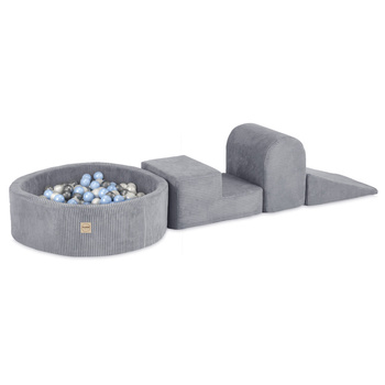 PLUSH NEST Spielplatz 3 Elemente + Trockenbecken 90x30 (+200 Bälle: Perle, Silber, Hellblau), grau, Premium-Cord