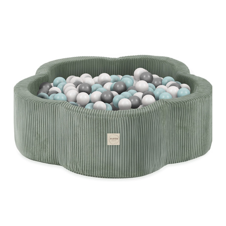 Plush Nest Dry flower pool, 95x30, green, premium corduroy, Floral Fun Zone, 200 balls: pearl, pearl mint, silver