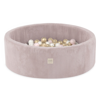 PLUSH NEST Basen z piłkami, jasny róż, okrągły, sztruks, 90x30, 200 piłek: perłowy, jasny róż, złoty