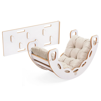 PLUSH NEST Small Rocker 4-in-1 Wippe + Kletterwand/Rutsche + Kissen (beige/gold Velvet), weiß Wooden Play