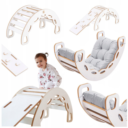 PLUSH NEST Small Rocker 4-in-1 Wippe + Kletterwand/Rutsche + Kissen (Velvet grey), weiß Wooden Play