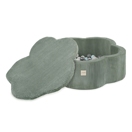 PLUSH NEST Trockenes Blumenbecken mit Matte, 95x30, grün, Premium-Cord, Floral Fun Zone, 200 Kugeln: pearl, pearl mint, silver