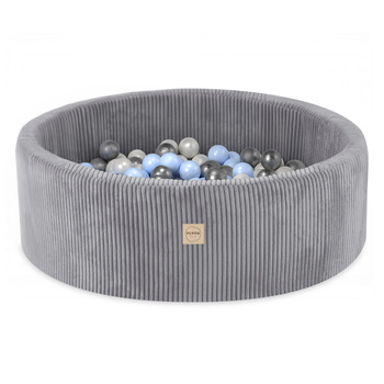 PLUSH NEST Bällebad, hellgrau, rund, Cord, 90x30, 200 Bälle: Perle, hellblau, silber