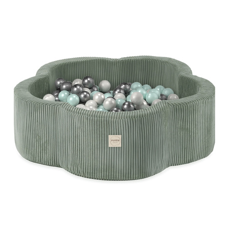 Plush Nest Dry flower pool, 95x30, green, premium corduroy, Floral Fun Zone, 200 balls: pearl, pearl mint, silver