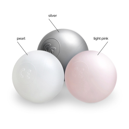 Dry pool balls, 6 cm, set of 200 pcs: pearl, silver, pearl light pink