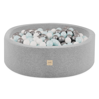 PLUSH NEST Ballpool, hellgrau, rund, Baumwolle, smart, 90x30, 200 Bälle: mint, silber, weiß