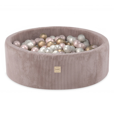PLUSH NEST Ball pool, beige, round, corduroy, 90x30, 200 balls: pearl, light pink, gold