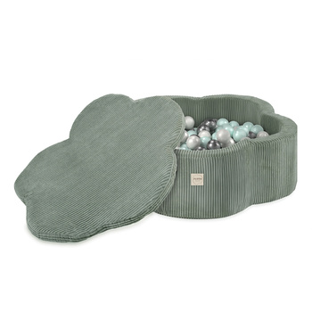 PLUSH NEST Trockenes Blumenbecken mit Matte, 95x30, grün, Premium-Cord, Floral Fun Zone, 200 Kugeln: pearl, pearl mint, silver