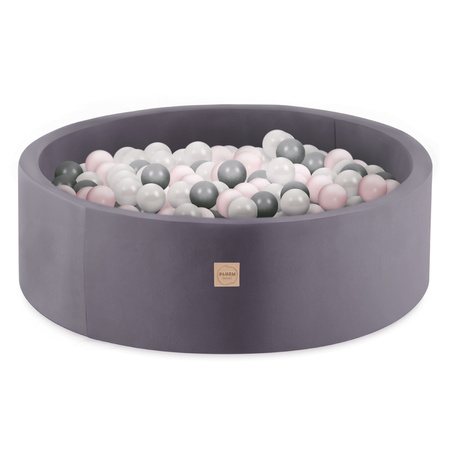 PLUSH NEST Ball pool, gray, round, velour, 90x30, 200 balls: pink, silver, pearl