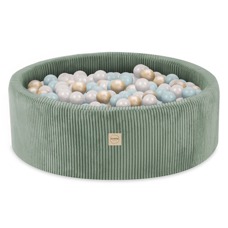 PLUSH NEST Ball pool, green, round, corduroy, 90x30, 200 balls: pearl, pearl mint, gold