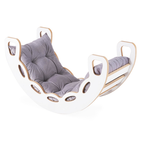 PLUSH NEST Small Rocker 4-in-1 rocker + climbing wall/slide + cushion (Velvet gray), white Wooden Play