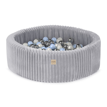 PLUSH NEST Dry pool, round, 90x30 cm, grey, Puffy Lamell (+200 pearl balls, light blue, silver)
