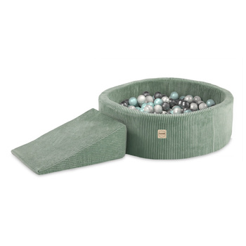 PLUSH NEST Playground Dry pool 90x30 + triangle (+200 balls:pearl, pearl mint, silver), green, premium corduroy