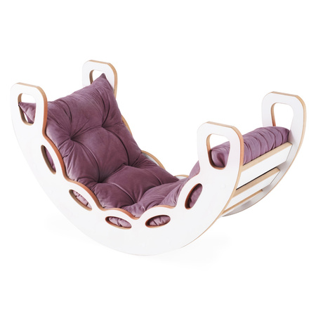 PLUSH NEST Bujak Small Rocker 4 w 1  + ścianka wspinaczkowa/zjeżdżalnia + poduszka (lila Velvet), biały Wooden Play