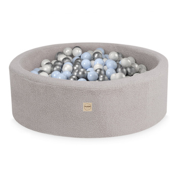 PLUSH NEST Dry pool, round, 90x30 cm, grey lamb (+ 200 balls silver, pearl, light blue)