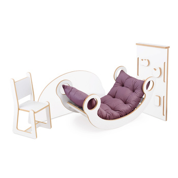 PLUSH NEST Bujak Big Rocker 6 w 1, ścianka wspinaczkowa/zjeżdżalnia, blat, krzesełko, poduszka (lila Velvet), Wooden Play