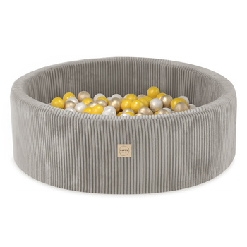 PLUSH NEST Basen z piłkami, beżowy, okrągły, sztruks, 90x30, 200 piłek: perłowy, żółty, złoty