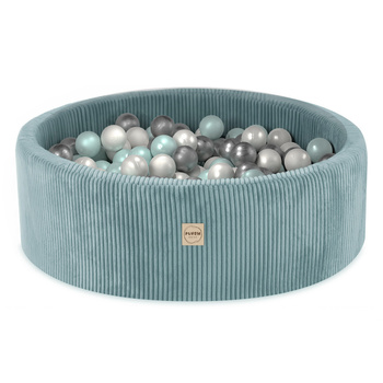 PLUSH NEST Bällebad, blau, rund, Premium-Cord, 90x30, 200 Bälle: pearl, pearl mint, silber