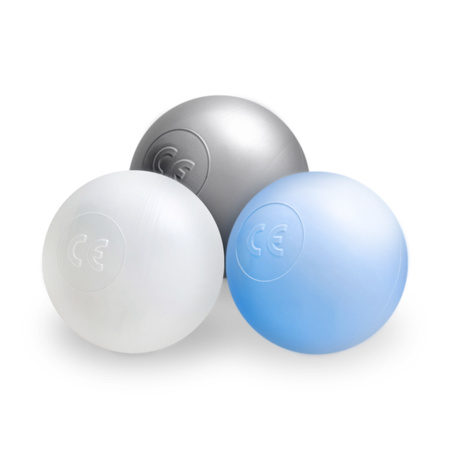 Dry pool balls, 6 cm, set of 200 pcs: pearl, silver, pearl light blue