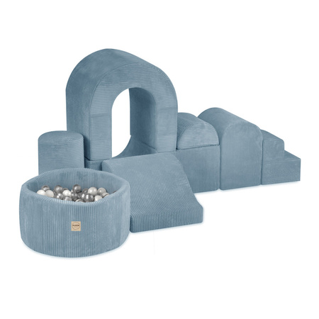 PLUSH NEST Spielplatz-Schloss mit Pool+150 Bälle (Perle, Silber), hochwertiger blauer Kord