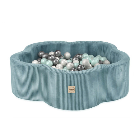 PLUSH NEST Dry flower pool, 95x30, blue, premium corduroy, Floral Fun Zone, 200 balls: pearl, pearl mint, silver