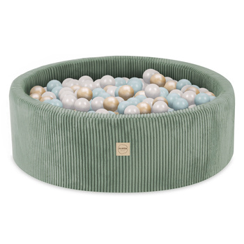 PLUSH NEST Bällebad, grün, rund, Kord, 90x30, 200 Bälle: pearl, pearl mint, gold