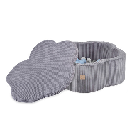 PLUSH NEST Suchy basen kwiatek z matą , 95x30, szary, sztruks premium, Floral Fun Zone, 200 piłek: perłowy, srebrny, jasnoniebieski