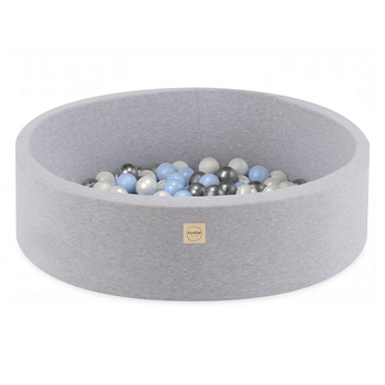 PLUSH NEST Dry pool with balls, light gray, round, cotton, 90x30, 200 balls: light blue, silver, pearl
