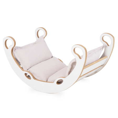 PLUSH NEST Bujak dla dzieci XS Mini Rocker 2w1 + poduszka Jasny Beżowy, biały, Wooden Play