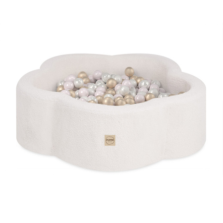 PLUSH NEST Trockenes Blumenbecken, 95x30 cm, cremefarbenes Lammfell (+ 200 Kugeln Gold, Perle, hellrosa Perle), Floral Fun Zone